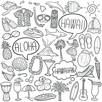Hawaii doodle icon set. Travel Vacations Vector illustration collection. Summer Banner Hand drawn Line art style.