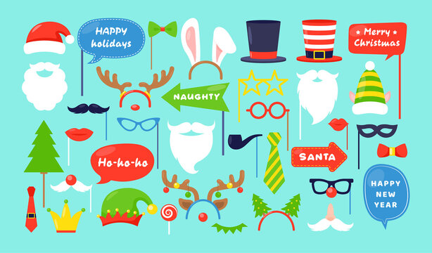 Без назви-1Vector Christmas photo booth props. Photobooth vector set for Christmas and New year party, masquerade, scrapbooking. Event accessories with caps,mustache, speech bubbles, deer, masks, elf,