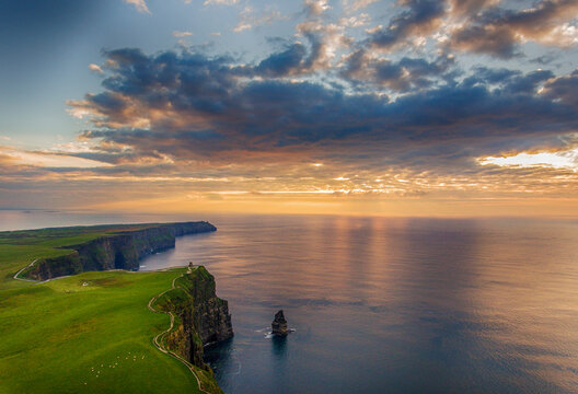 Cliffs Of Moher Aerial Landscape Along The Wild Atlantic Way. Geopark Geotourism Attraction.