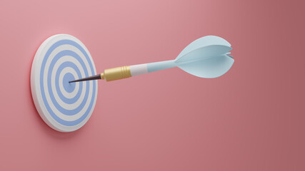 Light blue arrow and darts target aim on the pink background . 3d illustration. Render. Template for design, banner, flyer.