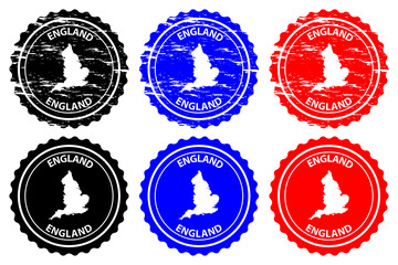 England - rubber stamp - vector, England map pattern - sticker - black, blue and red