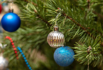 The toys are hanging on the branches of the tree.