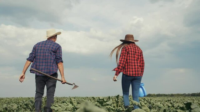 agriculture. two farmers in a rubber boots walks green field grass in field. workers farmers goes home after harvesting working day agriculture. crop agribusiness subsistence agriculture