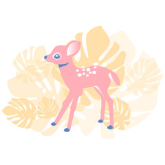 Illustration of a cute fawn in tropical leaves