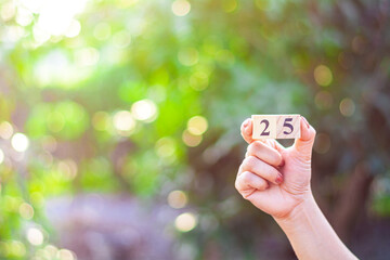 hand holding wooden calendar 25 on green natural blur background.- Concept christmas day.
