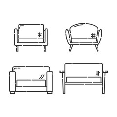 Comfortable sofa with three pillow. Four modern stylish object for relaxation. Image of couch in line art style. Element furniture of the interior. Flat illustration with settee on white background