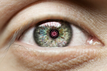 Virus, Coronavirus reflection in the pupil in a man's eye, Covid-19 pandemic,