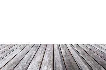 Empty wooden table top isolated on white background for product display montage