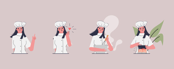 Woman Chef is cooking pose set character in flat design.