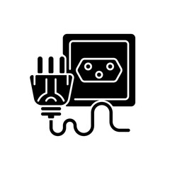 Industrial power plug in black glyph icon. Type N cable with multiple pins. Cable connection to electricity. Appliance wire. Silhouette symbol on white space. Vector isolated illustration
