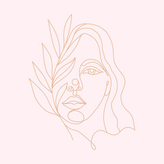 Female nude portrait in one line. Creative pink freehand composition in a modern minimal style with colorful geometric elements. Womens young beautiful face. Girl and branch