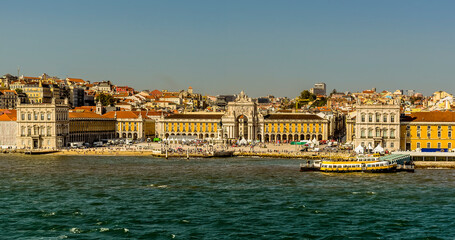 A close up view of the Commercial Square in Lisbon, Portugal from the Tagus river