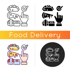 Choosing cuisine icon. Fast-food options. Burritos, tacos. Asian cuisine. Sushi and ramen. Junk foods. Chinese meals. Linear black and RGB color styles. Isolated vector illustrations