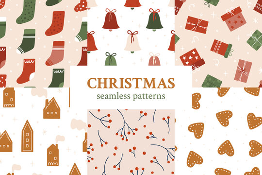 Fototapeta Collection with hand drawn Christmas seamless pattern for wallpaper, wrapping paper and textile. Vector background for winter decorative design. Festive holiday background