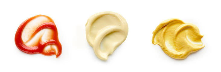 Ketchup, mayonnaise, mustard top view isolated on white background