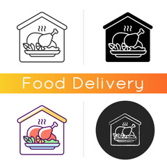 Home-cooked meals icon. Dinner foods. Hand-prepared dishes. Home taste. Homestyle ingredients. Roast chicken, turkey recipes. Linear black and RGB color styles. Isolated vector illustrations