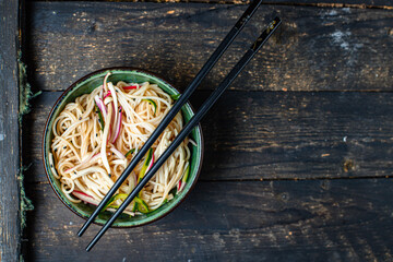 rice noodles vegetables Enoki mushrooms Enokitake cellophane pasta funchose soup pho seafood ready to eat on the table serving healthy meal snack top view copy space for text food background