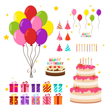 Happy birthday party birthday cake box Celebration Party Hat Gifts Multicolor balloons birthday candles set isolated flat vector graphic design illustration And icon elements