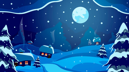 A village in a snowy Christmas landscape at night. Greeting or postal card, vector background