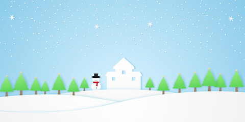 landscape, castle with snowman, trees with star and snow falling in winter season, white hill, paper art style