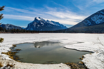 Fototapeta na wymiar Open water despite it being winter. Vermillion Lakes, Banff National Park, Alberta, Canada