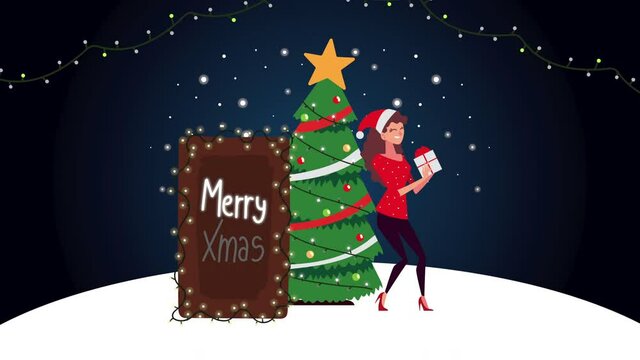 happy merry christmas animation with woman lifting gift and pine tree
