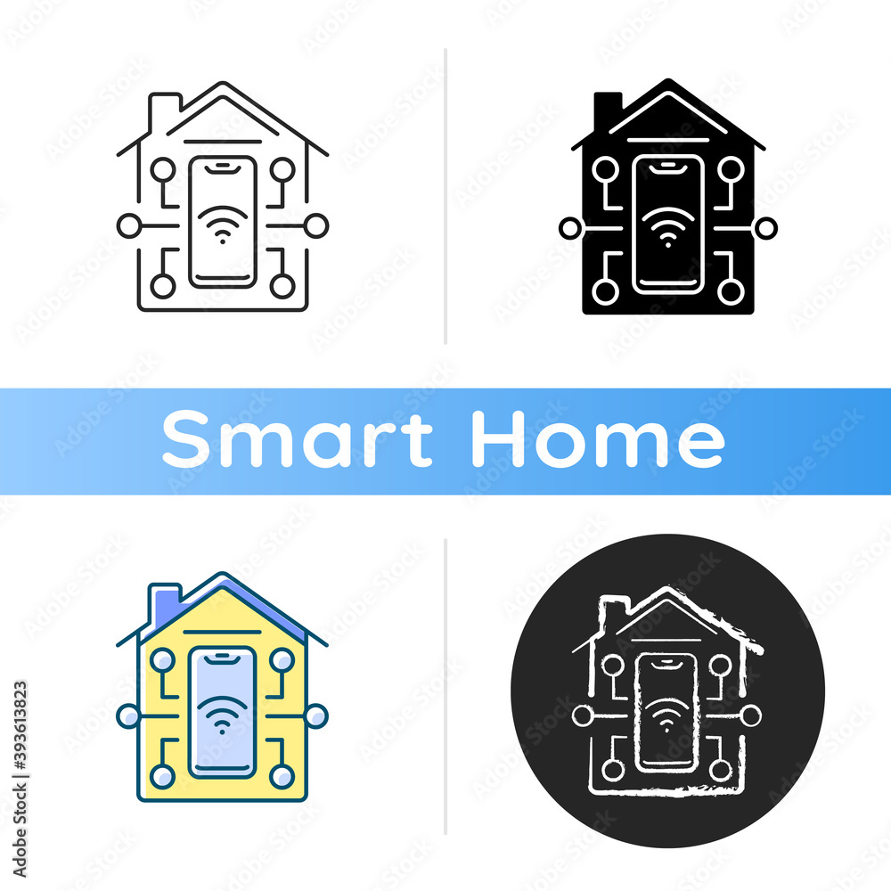 Poster remote access icon smart home mobile app for controlling different house futuristic devices. digital