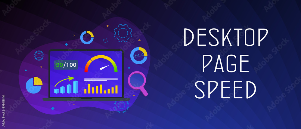 Fototapete Desktop Website Page Speed Optimization horizontal concept. Website Loading Time image for internet SEO.  Laptop on whose screen accelerometer with high values. Header or footer vector banner template