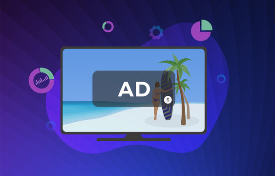 Watch Movies Online is interrupted by Advertising concept. Television Shows with Multimedia targeted tv marketing and addressable video broadcasting advertising