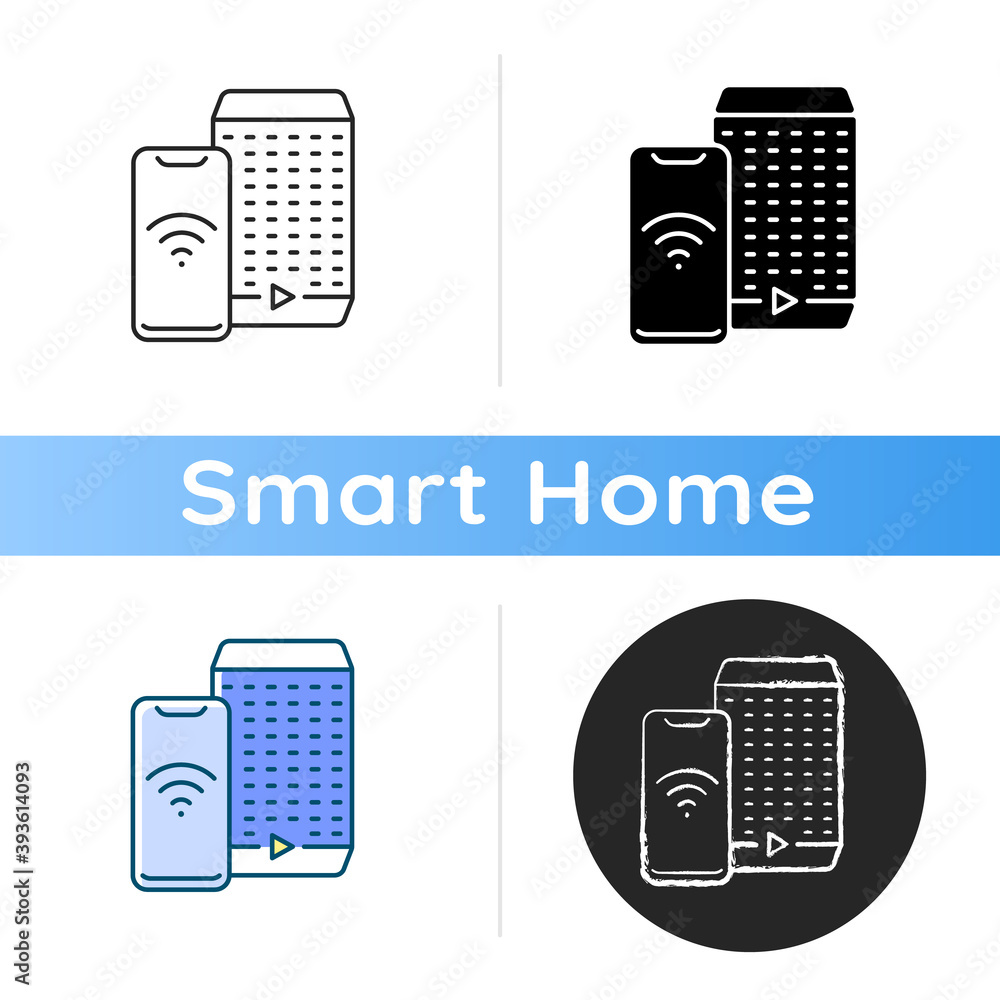 Poster smart speaker icon smart house devices for loud party. personal digital assistant hub. remote contro