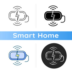 Wireless charging station icon Device for smartphone battery. Different mobile system instalation. Smart home types. Linear black and RGB color styles. Isolated vector illustrations