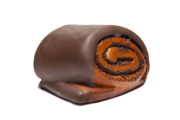 Bun with chocolate glaze isolated on white background