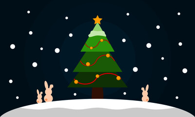 Fototapeta premium Christmas tree with rabbits and snow at night flat vector.