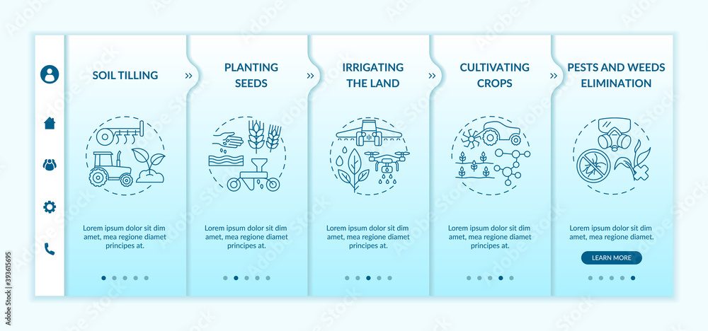 Aufkleber agriculture machines tasks onboarding vector template. irrigating the farming land. cultivating crop