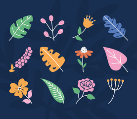 tropical leaves and flowers icon set, half line half color style