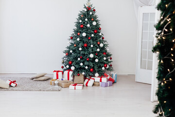 Christmas tree with gifts decor New Year postcard