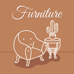 furniture design with armchair and coffee table with cactus in a pot, line style