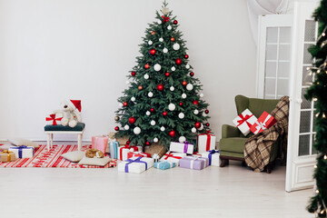 Christmas tree with gifts decor New Year postcard