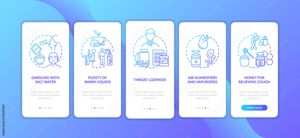 Poster raw throat treatment onboarding mobile app page screen with concepts. vaporizers, honey for relievin