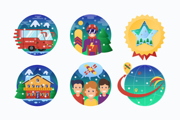 Ski or Snowboard Resort Icons Collection. Vector Circle Banners of Snowboarding Instructor, Ski Bus, Globe, Alpine Hotel and Like-Minded People with Snowflakes. Action Sports Emblems Set. Isolated