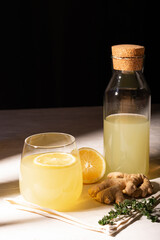 Glass of lemonade with ginger and lemon