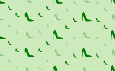 Seamless pattern of large and small green High heel shoe symbols. The elements are arranged in a wavy. Vector illustration on light green background