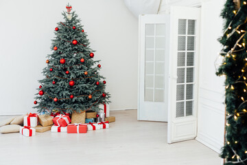 Christmas tree with gifts white decor new year postcard