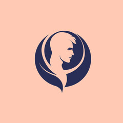 Man portrait logo in a circle shape.Profile view handsome male character.Vector icon isolated on light background.Emblem style sign.Beautiful face.