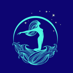 Beautiful woman silhouette in the moonlight.Sea, stars and young female body.Fantasy vector illustration.Long, flowing hair mermaid concept.Night goddess.Neon color fairy icon.