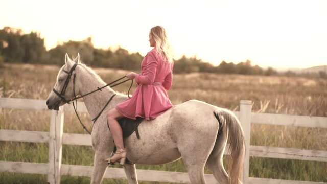 Young woman riding a horse. Girl walking on a ranch with horses.