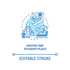 Winter trip to sunny place concept icon. Tips to ease SAD idea thin line illustration. Warm-weather vacation. Treating winter blues. Vector isolated outline RGB color drawing. Editable stroke