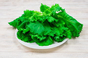 Green fresh lettuce leaves in a glass glass on a wooden table against a white wall background.