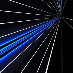 abstract white and blue linear geometric design and pattern on jet black background with vanishing point