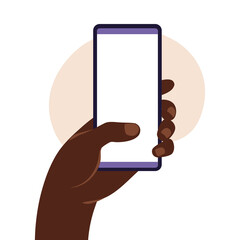 African man hand holding smartphone with blank white screen. Using mobile smart phone. Flat design concept. Vector illustration.